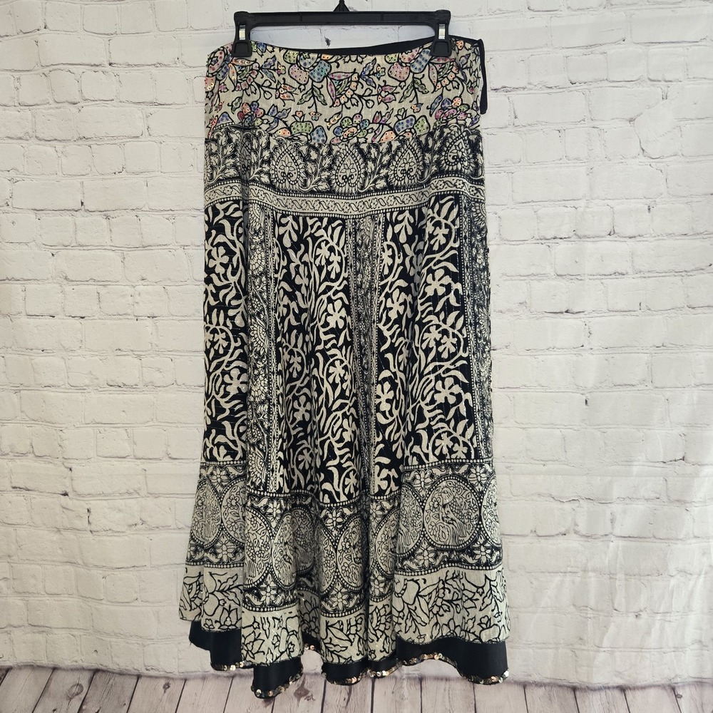 Vintage Y2K Cotton Gypsy Skirt Ash & Sara Boho Sequin Beaded Long Skirt Size M